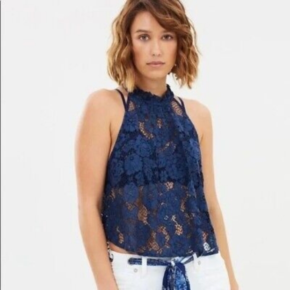 Free People Tops - Free People Sweet Meadow Dream navy sheer lace halter top size Medium